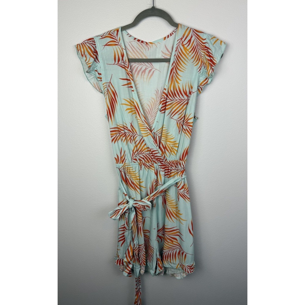 NWT Cupshe Women's Flutter V-Neck Romper size Large Teal Hawaiian floral